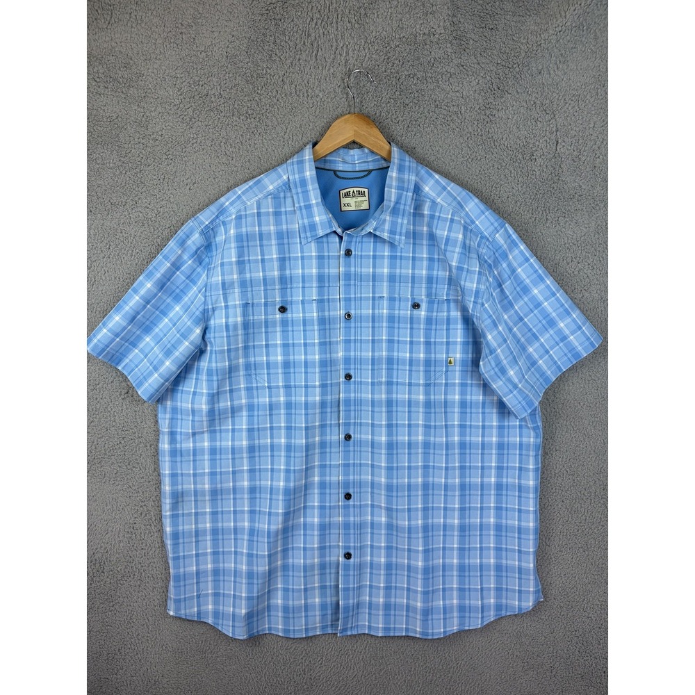 Lake & Trail Shirt Mens 2XL Blue Plaid Short Sleeve Button Front Stretch Casual